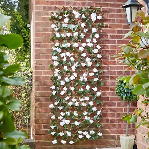 Garden Mile Treillis artificiel solaire - Fleur d'hortensia blanche - Panneau éclairé - Treillis extensible réaliste - Clôture d'intimité - Décoration de jardin - 180 x 60 cm