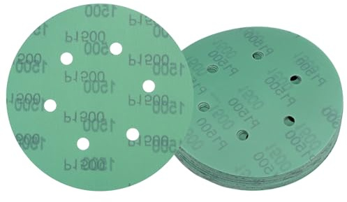 Kozelo 25pcs Green Film Sanding Discs - [6 Inch 1500 Grits 6 Hole ] Round Aluminum Oxide Hook & Loop Wet Dry Sander Pads for Wood Metal Polishing Use| Zirconium Corundum Sandpaper