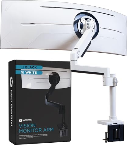 ULTRARM Monitorarm für breite, gekrümmte Monitore, modulares Design | Max. 57, 20 kg, 900R Bildschirme, VESA 100x100, höhenverstellbar, C-Clamp- & Grommet-Halterung, Weiß, MA20PW-S