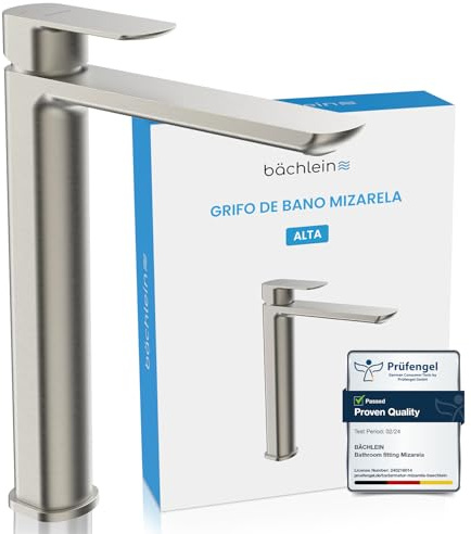 Bächlein Grifo de baño Mizarela alto en diseño clásico, monomando para lavabo con cartucho de cerámica duradero y kit de montaje, grifo de baño de acero inoxidable cepillado – caño plano