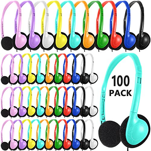 XOSDA Paquete de 100 auriculares a granel multicolor para el aula escolar, juego de auriculares para estudiantes, niños, adolescentes y más (LS04, 100 mezclados)