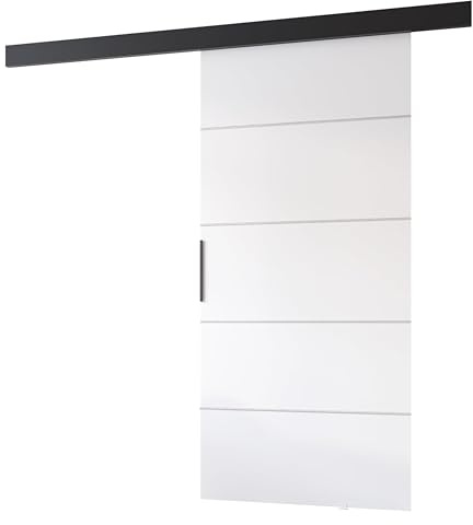 MINIO go for it - Schiebetüren 96 cm, Schiebetür Zimmertür PRIM B | Schiebetürsystem für Zimmer, Dekorative Streifen, Wandmontage, Türe Innen - Silber/Schwarzer Griff, Weiss / Schwarz