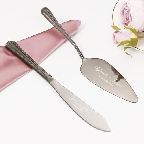 Personalized Cake Cutting Set for Wedding, Custom Cake Knife and Server Set, Stainless Steel Cake Serving Set, Engraved Pastry Pie Pizza Cutter Cake Slice, Bridal Anniversary (Black)