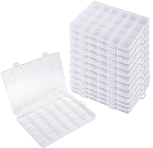 JIEHIN 12 Stück 24 Fächer Sortierbox Plastik, 19 x 13 x 2 cm transparente Perlen Aufbewahrungsbox, Sortimentskasten Sortierboxen für Kleinteile, Ohrringen, Schmuck, Schrauben