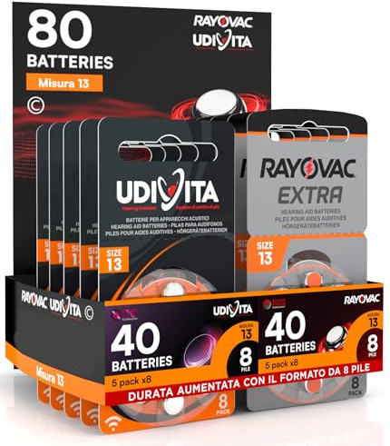 80 Hörgerätebatterien Größe 13 PR48 (Orange) Zink-Luft Hearing Evolution mit Sound Fusion Technologie – 80 Batterien: 40 Udivita + 40 Rayovac