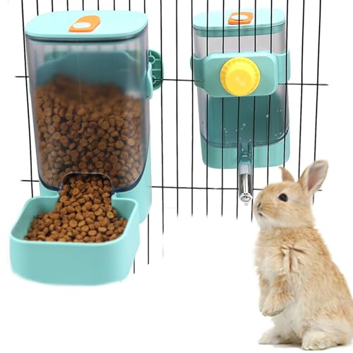 PODOO Rabbit Food Water Dispenser, 24oz No Drip Bunny Water Feeder, 34oz Large Hanging Automatic Pet Food Dispenser, Hanging Outside or Inside The Cage for Small Animals (Food+Water)