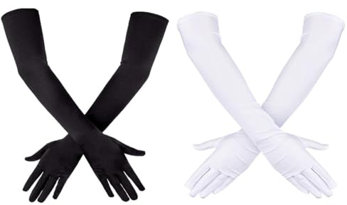 FENQURO Handschuhe Lang, 2Paar lange handschuhe damen weiße handschuhe lang, Handschuhe Elegant Damen, Satin Classic Abendhandschuhe, 1920er Handschuhe für Classic Opera Party HalloweenKarneval Kostüm