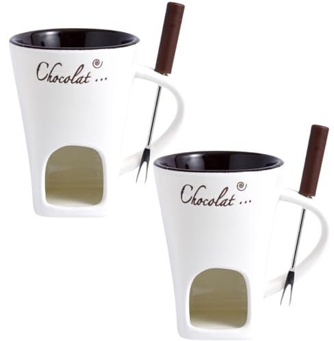Set di tazze di fonduta di cioccolato 2 pezzi, pentola di fonduta in ceramica da 200 ml Mini melting pot di cioccolato con forchette di formaggio a forma di formaggio resistente al calore per casa
