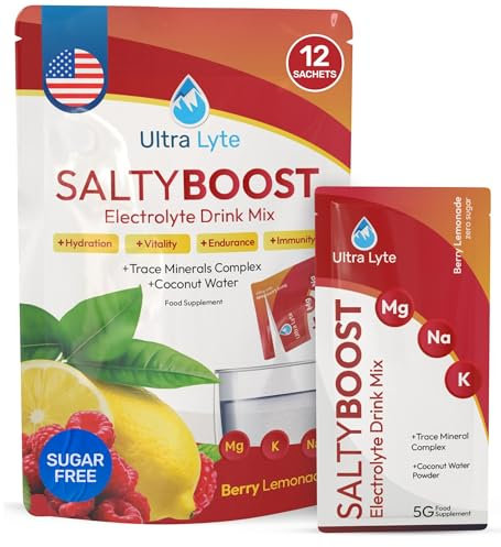 Ultra Lyte Electrolytes Drink Mix - Sugar-Free Salty Berry Lemonade Powder - 12 Sachets with High Sodium, Trace Minerals, and Coconut Water - Hydration for Workouts, Replenishment, and Wellness