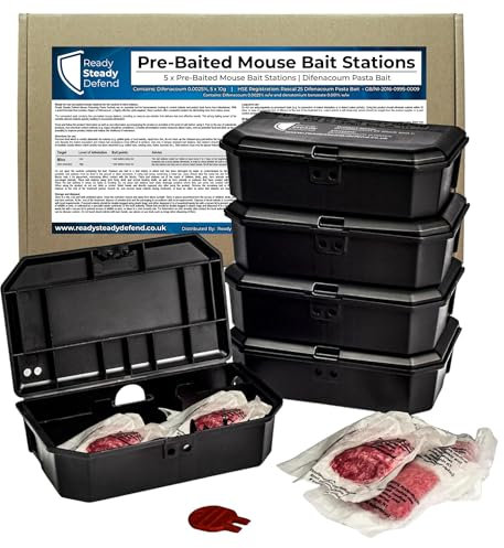 Pre-Baited Indoor Mouse Station Boxes for the Control of Mice, 5 Pack – Ready-to-Use, Pet-Safe & Tamper-Resistant Rodenticide Traps by Ready Steady Defend