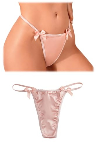 FULLJOYLOVE Women Thong Underwear Sexy Satin Low Rise G-String Panites Pink