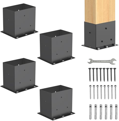 4 Pcs Post Base ,4x 6Post Brackets(Acturl3.6 x5.6), Heavy Duty Black Metal Powder-Coated Thick Steel Post Anchor Outdoor for Support Deck Base Plate , Pergola Bracket Kit,Mialbox Post Mount