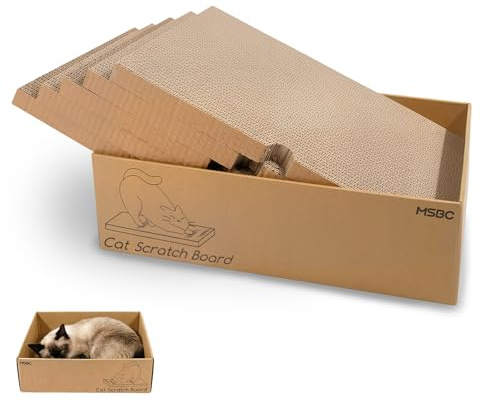 Reversible Cat Scratching Board with Box - 5-Pack Multi-Layer Corrugated Cardboard Scratcher Pad & Lounge Bed for Indoor Cats, Durable Scratch Mat 43x25.5x12.5cm (5-in-1 Replacement Refill)