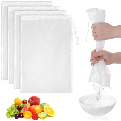 4Pcs Cheese Cloth Nut Milk Bag Cloth Strainer Bags, Nylon Nut Milk Bag Reusable Mesh Strainer Bags for Straining Juice, Coffee, Yogurt, Nut Milk Fruit Wine Flaxseed Oils Hair Gel (12.4 x 7.8 Inch)
