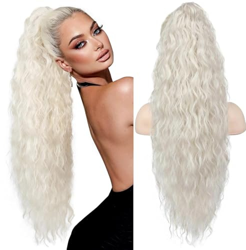 PORSMEER Damen Pferdeschwanz mit Klammer, Lange Wellig Lockig Haarteil Zopf Haarverlängerung Claw Clip in Haarteil Ponytail für Frauen 75cm (Platinblond)