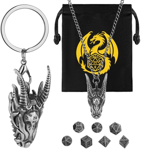 Mini DND Würfel Set mit Tragbarem Schlüsselanhänger, Halskette, Hohler Drachenkopf Käfig, Winziges 7-teiliges Polyedrisches Metall D&D Würfel Set, DND Geschenke mit Geschenktüten, Dunkel Silber