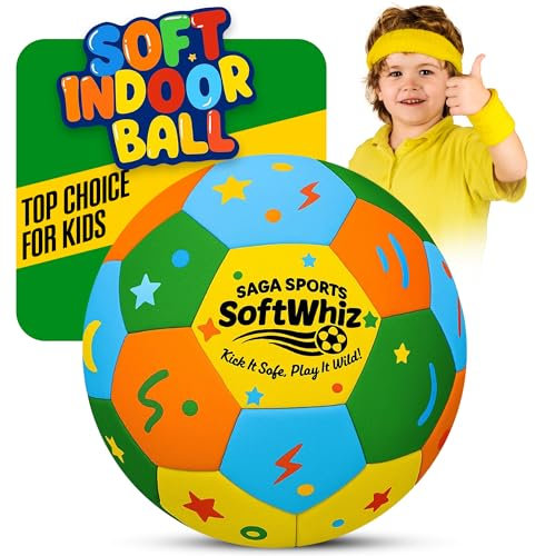 SAGA SPORTS SoftWhiz Colorful Safe Indoor Football Size 4 for kids | Felt-Cover Soft Football for Inside Your Home and Yard – Fun Gift with Pump, Needle & Mesh Bag