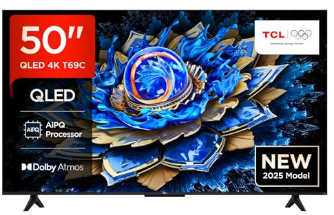 TCL 50T69C 50” QLED 60HZ, 4K HDR, Google TV, Smart TV((Dolby Vision & Atmos, Game Master, Motion clarity, compatibile con Google Assistant & Alexa), 2025