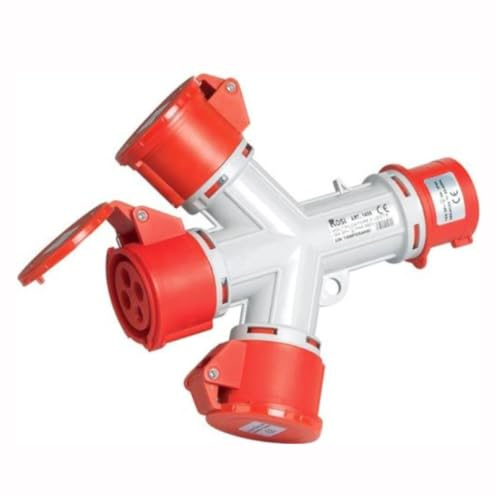 Multiplicador adaptador trifásico de enchufe industrial CEE 380V 400V 4 polos 3P+T a 3 tomas industriales 380Vac 4 polos 3P+T, 16A, IP54, rojo