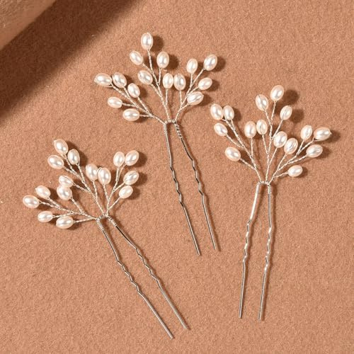 Anevous 3 Stück Braut Hochzeit Haarnadeln,Perle Haarspangen,Kopfschmuck,Brautschmuck,Haare U-förmig Haarschmuck,Wedding Hair Accessories für Hochzeitsgäste Damen und Mädchen,Silber
