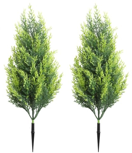 Lot de 2 cyprès topiaires artificiels de 50 cm – Plantes artificielles résistantes aux UV avec piquets, arbres topiaires artificiels pour extérieur et intérieur – Décoration en pot pour porche, jardin
