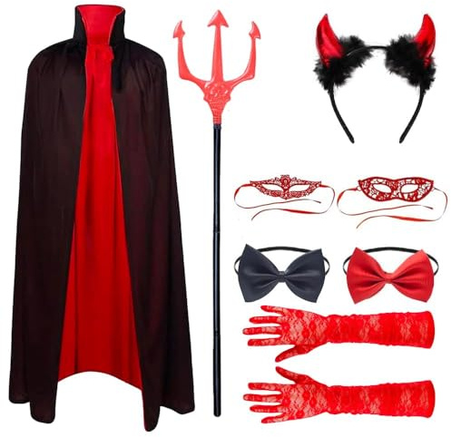 Suaflny Costume da Diavolo, Costumi Halloween Donna Diavolo, Mantello del diavolo con Forcella da diavol, Costume di Halloween da Donna, Vestito Halloween Donna diavol (140cm)