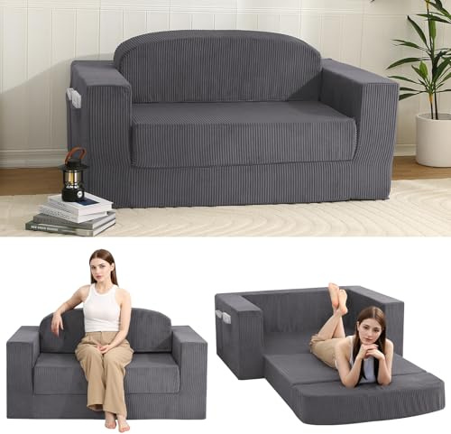 MeMoreCool Convertible Loveseat Sofa Bed, Small-Space Corduroy Floor Boneless Couch with High-Density Foam, Removable Washable Cover, No-Assembly Fold-Out Guest Bed for Flats & Bedrooms, Dark Gery