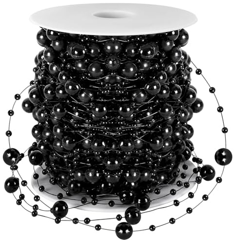 JULBEAR 131Ft Artificial Pearl Beads Garland Decoration, 1Rolls Black Pearl Strands Chain Bead Garland for Gothic Wedding Decor Bouquet Crafts Flower DIY Supplies Christmas Tree Ornaments