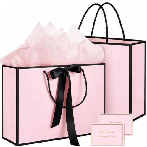MtnLaur Geschenktüten 2 Stück, Geschenktüten mit Griffen Schleifenband, Mittlere Papier-Geschenktüte Set mit Seidenpapier+Grußkarte, für Mädchen Frauen Geburtstag Hochzeit Baby shower (Rosa)