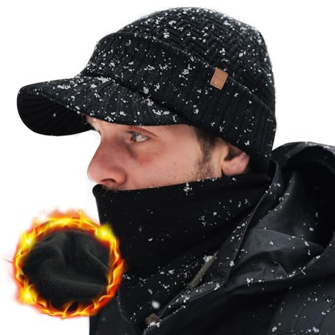 TOP-EX Schirmmütze und Halswärmer im Winter-Set, wasserdicht, Schwarz M/L | DryKnit™, Merinowollmix, isolierendes Fleece-Futter, zuverlässiger Regenschutz, auch für große Kopfumfänge, flexible Passform