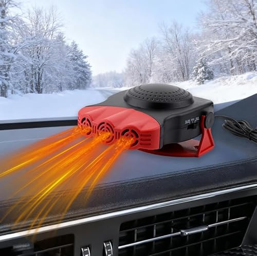 Vauki Auto Heizung & Heizlüfter 12V 200W - 2-in-1 Heiz- und Kühlfunktion mit 360° Drehbasis, Tragbarer Defroster für Windschutzscheibe, Ideal für Auto, Wohnmobil, LKW und Camping,Rot schwarz