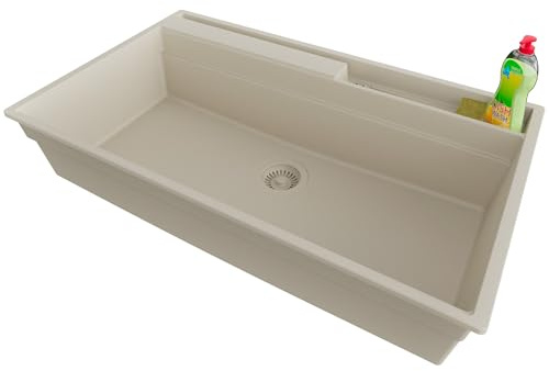 PRIMAGRAN Lavello da Cucina al Mobile 90cm + Kit di scarico, 88x53cm | Set: Kit di scarico (sifone, piletta, troppopieno) + Lavandino in Granito a 1 Vasca - Oslo 90 Pocket, Tutto Beige