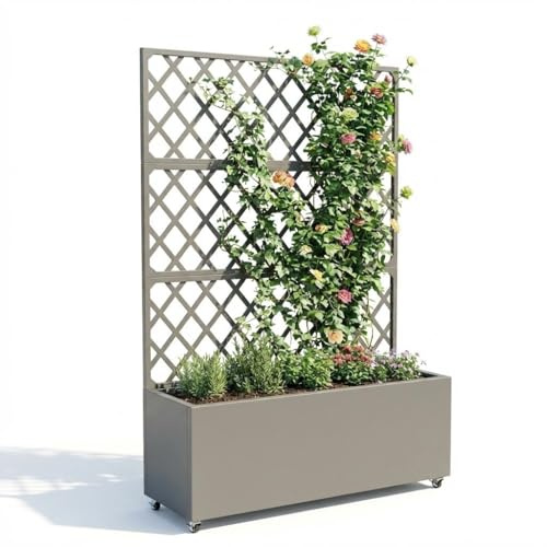Verzinktes Stahl Hochbeet mit Rankgitter, Pflanzkasten mit Feststellbaren Rollen, Drainagelöchern & Sichtschutz – Garten Hochbeet für Gemüse, Kletterpflanzen, Terrasse, Balkon, Grau, 89x180cm