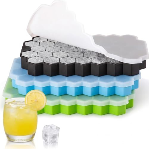 Ice Cube Tray with Lid, 3 Pcs with No-Spill Removable Lid Easy Release Silicone Ice Cube Tray for Freezer Homemade Drinks, Each Makes 37 Grid Silicone Cubes for Chilled Drinks Whiskey Cocktail