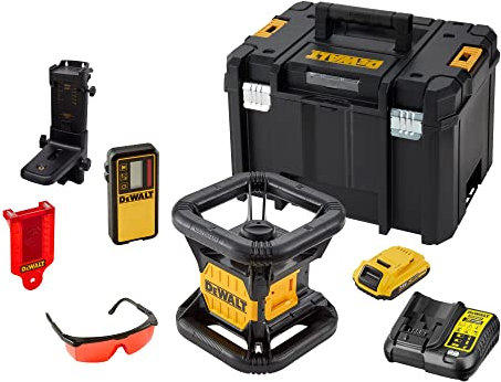 DEWALT 18V Akku Rotationslaser Rot DCE074D1R (mit einfachem Vertikal-Lot, selbstnivellierender, Arbeitsbereich: 45m (457m mit Empfänger), Genauigkeit: +/-6mm@30m, IP54, inkl. Zubehör & TSTAK Koffer)