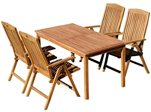 ASS ALEOS. Teak Set Gartengarnitur Sitzgruppe Gartentisch Alpen Tisch 150x80 cm und 4 Tobago Hochlehner Sessel Gartengarnitur Gartenmöbel Gartenmöbelset Esstischgruppe