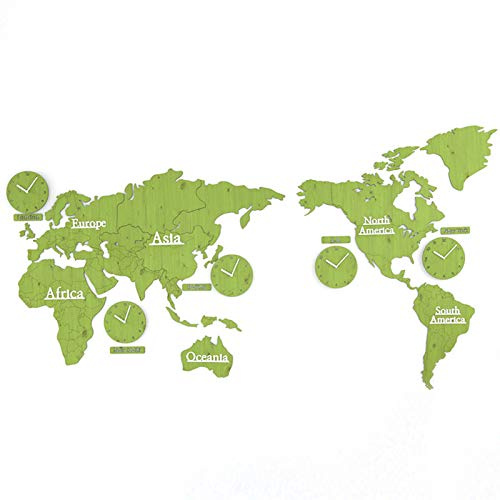 Horloge Murale Moderne Mondiale avec 5 Horloge, 3D en Bois Carte du Monde Grand Salon Bureau Chambre Décorative Sticker Mural Horloge, Geante, 220X115cm,Green02