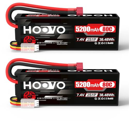 HOOVO RC Battery 2S LiPo Battery 7.4V 5200mAh 80C Hard Case with Deans Plug Battery Replacement Battery for RC Car Truck Heli Aeroplane Rock Crawler Aeroplane Helicopter RC Car Truck Boat (2 Packs)