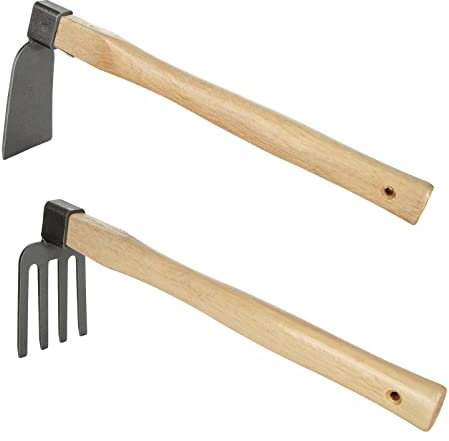 GOYADA 2PCS (1 PC Garden Digging Hoe 1 PC Garden Cultivator Rake), Hoe Garden Tool With Wooden Handle, Garden Planting Hoe and Rake For Loosening Digging Weeding Seedling Transplanting Cultivation