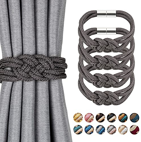Pretty Jolly 4 Stück Starke Magnetische Raffhalter für Vorhänge, Dekorative Vorhang-Raffhalter, Handgewebtes Seil, Knoten-Vorhanghalter für Zuhause und Büro, Fenstervorhänge (Dunkelgrau)