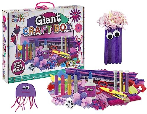 Grafix Lila Bastelset | Giant Craft Boxfür Kinder ab 4 Jahren | Über 1000 DIY-Bastelmaterialien | Bastelkoffer für Mädchen | Pompons, Glitzerkleber, Glupschaugen | Kids Bastelbox