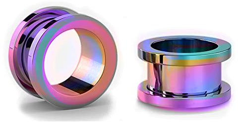 Jewel Barrel Pair Flesh Tunnels 2pcs Ear Stretcher Expanders Double Flared Screw Fit Piercing Surgical Steel 1.6mm - 20mm Silver Black Rose Gold Rainbow Blue (Rainbow, 10)