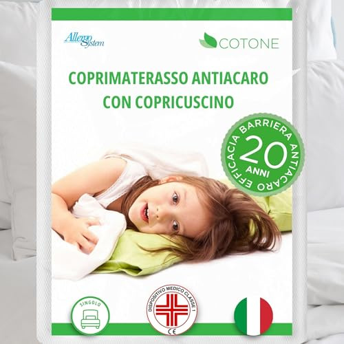 Allergosystem Set Coprimaterasso Antiacaro Singolo Cotone con Cerniera 80x190cm e Copriscuscino Letto 50x80cm - Dispositivo Medico Antiacaro e Anallergico MADE IN ITALY - Linea Cotone | Copriscuscino 50x80cm, Dispositivo Medico, Anallergico, Made in Italy, Copri Materasso con Cerniera