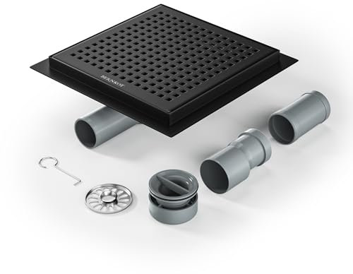 Bernkot Canalina per doccia quadrata, 20 x 20 cm, sifone a 360° con antiodore e filtro per capelli, in acciaio inox, molto piatto, DN50 DN40, colore nero