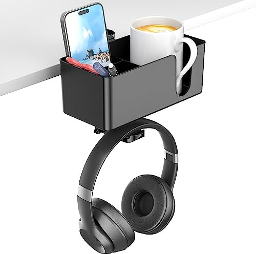 KDD 4-in-1 Desk Cup Holder with Headphone Hanger - Rotating Headphone Hanger and Detachable Desk Storage for Cup, Phone and Pen (Black)