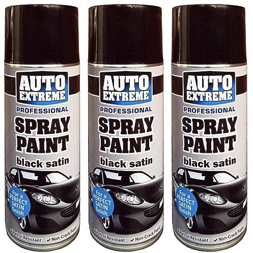 YORKSHIRE HOMEWARE 400ML Black Satin Spray Paint Multipurpose Aerosol Spray Hardware Anti Stain & Petrol Resistant Non Crack Painting Ideal for Finish for Cars, Vans, Metal and Wood (3 Cans)