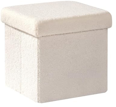 Bonlife Boucle Folding Storage Ottoman, Small Foot Rest Stool Seat Sherpa Ottoman with Storage for Bedroom, Living Room, Cream,32X32X32cm(With Lid)