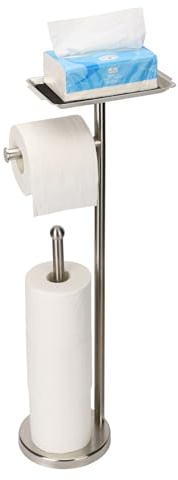 Exilon Toilet Paper Holder Stand for Bathroom Floor Freestanding Toilet Roll Dispenser Storages 4 Reserve Rolls, with Top Storage Shelf for Cell Phone (Brushed Nickel)