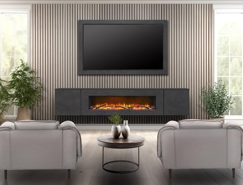 Acantha Orion Electric Floating Media Wall Fireplace Suite with TV Backboard in Slate Effect, 100 Inch