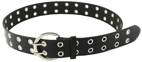 AGUTALITHIC Doppelloch Nietengürtel, Punk Ledergürtel Hip Hop Rock Gürtel Verstellbare Doppelter Loch Halbrunder Gürtelschnallen Guertel Für Damen Unisex, Breite Ca. 3.8cm